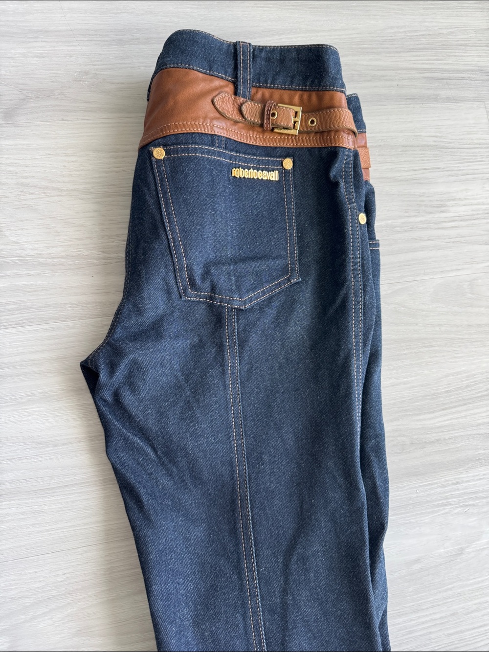 Roberto Cavalli Dark Blue Denim Jeans with Brown Leather Trim